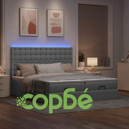 Османска легло с матрак и LED, светлосиво, 200x200 см, плат ➤ топ цена ➤ sorbe.bg
