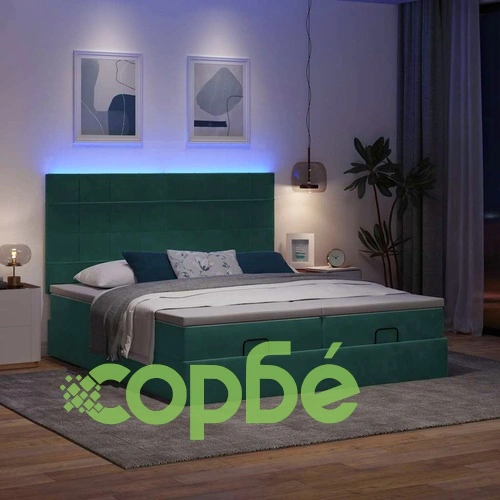 Османска легло с матраци и LED, тъмнозелено, 180x200 см, кадифе ➤ топ цена ➤ sorbe.bg