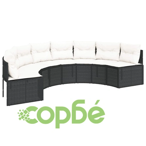 Градински диван с маса и възглавници полукръгъл черен полиратан ➤ топ цена ➤ sorbe.bg