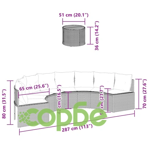 Градински диван с маса и възглавници полукръгъл черен полиратан ➤ топ цена ➤ sorbe.bg