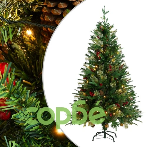 Коледна елха с LED и шишарки, зелена, 150 см, PVC и PE ➤ топ цена ➤ sorbe.bg
