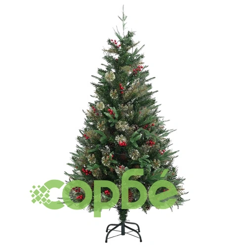 Коледна елха с LED и шишарки, зелена, 150 см, PVC и PE ➤ топ цена ➤ sorbe.bg