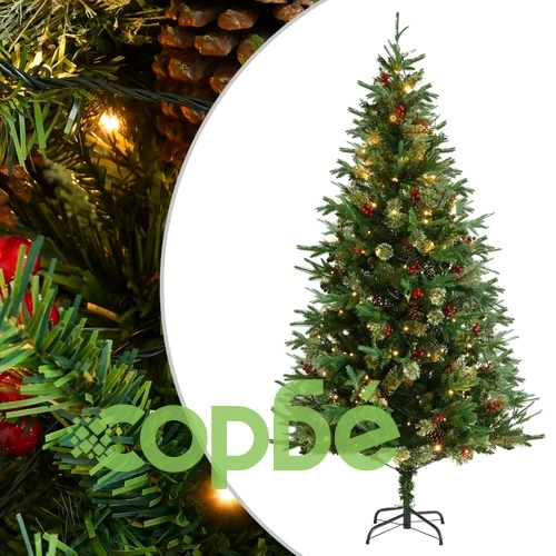 Коледна елха с LED и шишарки, зелена, 195 см, PVC и PE ➤ топ цена ➤ sorbe.bg