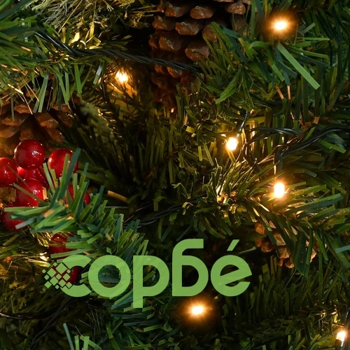 Коледна елха с LED и шишарки, зелена, 195 см, PVC и PE ➤ топ цена ➤ sorbe.bg