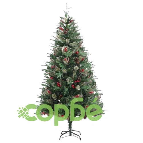 Коледна елха с LED и шишарки, зелена, 195 см, PVC и PE ➤ топ цена ➤ sorbe.bg