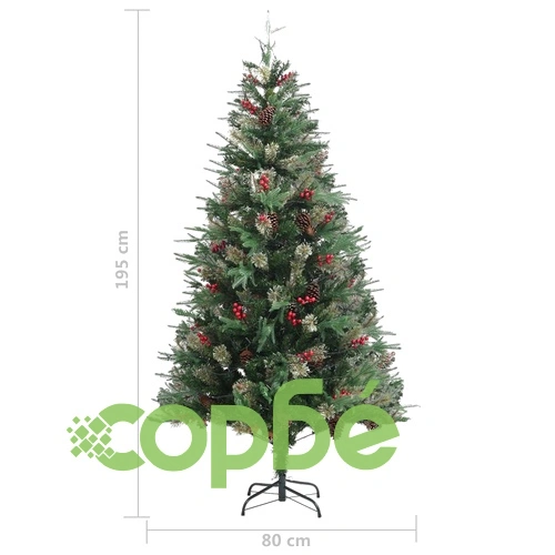 Коледна елха с LED и шишарки, зелена, 195 см, PVC и PE ➤ топ цена ➤ sorbe.bg