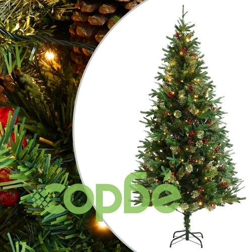 Коледна елха с LED и шишарки, зелена, 225 см, PVC и PE ➤ топ цена ➤ sorbe.bg