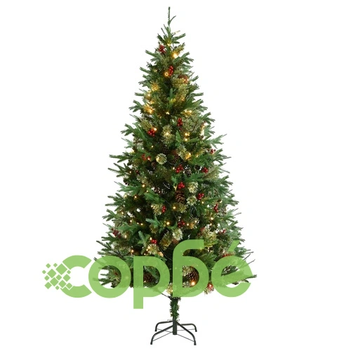 Коледна елха с LED и шишарки, зелена, 225 см, PVC и PE ➤ топ цена ➤ sorbe.bg