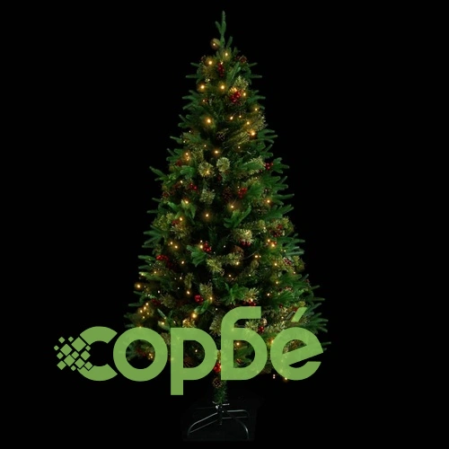 Коледна елха с LED и шишарки, зелена, 225 см, PVC и PE ➤ топ цена ➤ sorbe.bg