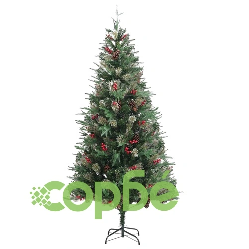 Коледна елха с LED и шишарки, зелена, 225 см, PVC и PE ➤ топ цена ➤ sorbe.bg