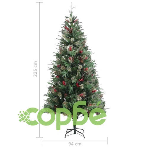 Коледна елха с LED и шишарки, зелена, 225 см, PVC и PE ➤ топ цена ➤ sorbe.bg
