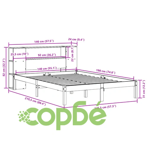 Легло с етажерка за книги, без матрак, 140x190 см, бор масив ➤ топ цена ➤ sorbe.bg