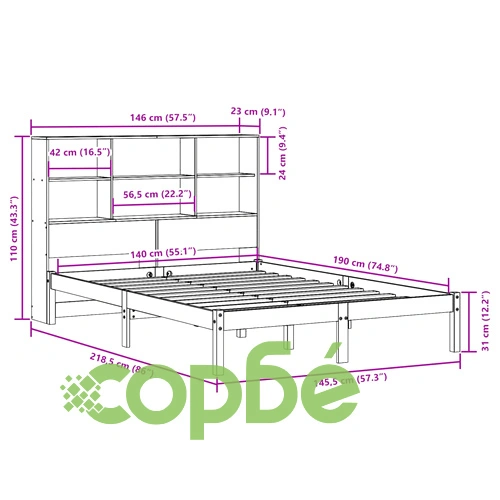Легло с етажерка за книги, без матрак, 140x190 см, бор масив ➤ топ цена ➤ sorbe.bg