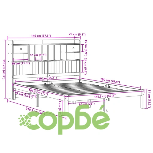 Легло с етажерка за книги, без матрак, 140x190 см, бор масив ➤ топ цена ➤ sorbe.bg
