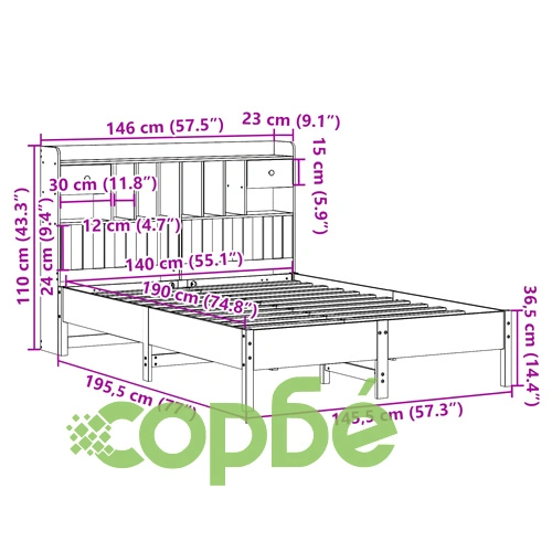 Легло с етажерка за книги, без матрак, 140x190 см, бор масив ➤ топ цена ➤ sorbe.bg