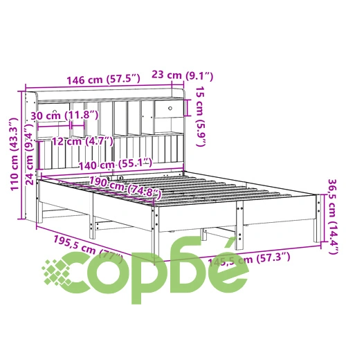 Легло с етажерка за книги, без матрак, 140x190 см, бор масив ➤ топ цена ➤ sorbe.bg