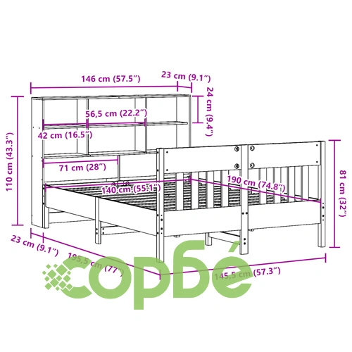 Рамка за легло без матрак, бял, 140x190 см, бор масив ➤ топ цена ➤ sorbe.bg