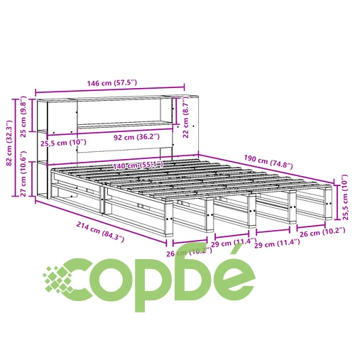 Легло с етажерка за книги, без матрак, 140x190 см, дърво масив ➤ топ цена ➤ sorbe.bg
