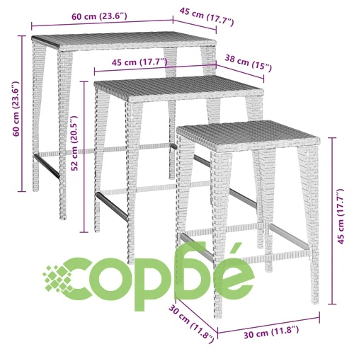 Градински стифиращи маси, 3 бр, кафяви, полиратан ➤ топ цена ➤ sorbe.bg