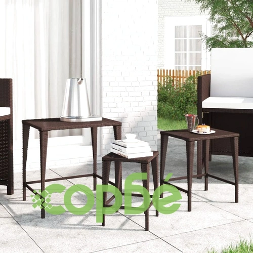 Градински стифиращи маси, 3 бр, кафяви, полиратан ➤ топ цена ➤ sorbe.bg