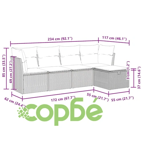 Градински комплект с възглавници, 5 части, сив полиратан ➤ топ цена ➤ sorbe.bg