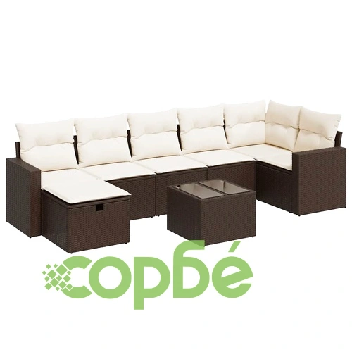 Градински комплект с възглавници, 8 части, кафяв, полиратан ➤ топ цена ➤ sorbe.bg