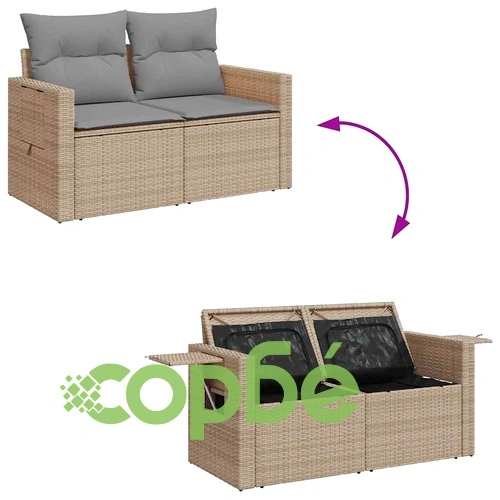 Градински диван с възглавници, 7 части, бежов полиратан ➤ топ цена ➤ sorbe.bg