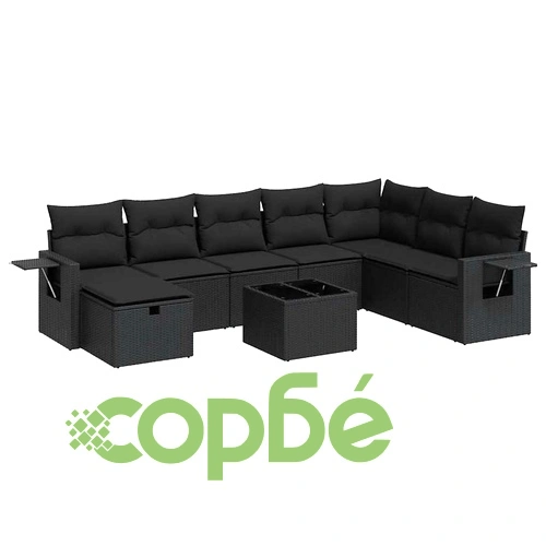 Градински комплект диван с възглавници 9 части черен полиратан ➤ топ цена ➤ sorbe.bg