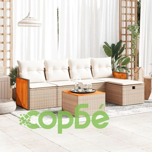 Градински диван с възглавници, 6 части, бежов полиратан ➤ топ цена ➤ sorbe.bg