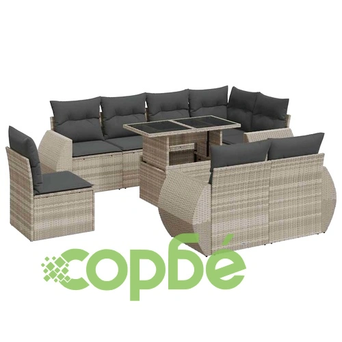 Градински комплект с възглавници, 9 части, светлосив полиратан ➤ топ цена ➤ sorbe.bg