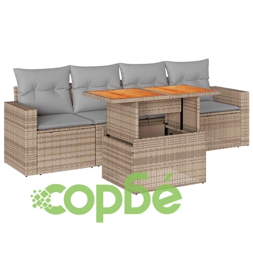Градински комплект диван с възглавници 5 части бежов полиратан ➤ топ цена ➤ sorbe.bg