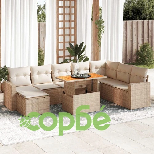 Градински комплект диван с възглавници 9 части бежов полиратан ➤ топ цена ➤ sorbe.bg