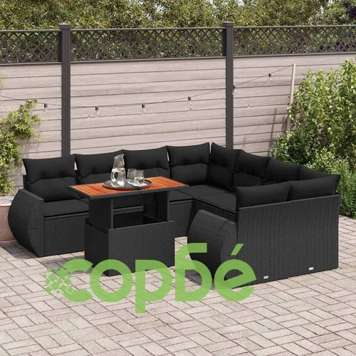 Градински комплект диван с възглавници 9 части черен полиратан ➤ топ цена ➤ sorbe.bg