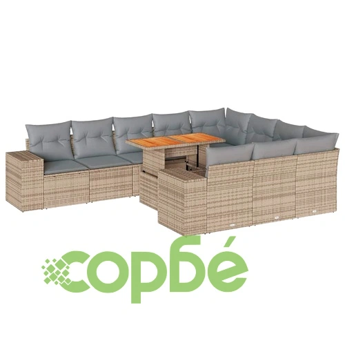 Градински диван с възглавници 10 части бежов полиратан акация ➤ топ цена ➤ sorbe.bg