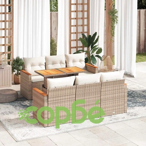 Градински диван с възглавници, 7 части, бежов полиратан акация ➤ топ цена ➤ sorbe.bg