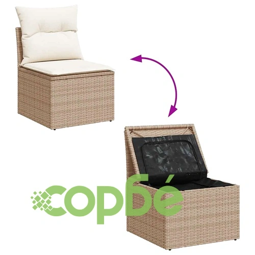 Градински диван с възглавници, 8 части, бежов полиратан, акация ➤ топ цена ➤ sorbe.bg