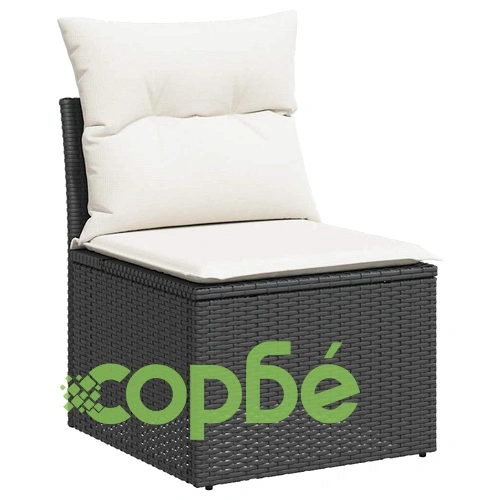 Градински диван с възглавници, 8 части, черен полиратан, акация ➤ топ цена ➤ sorbe.bg