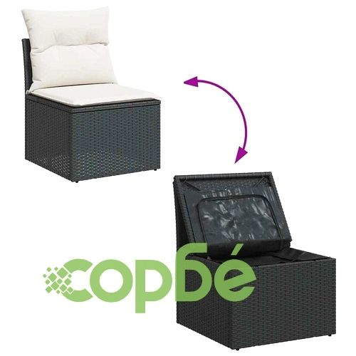 Градински диван с възглавници, 8 части, черен полиратан, акация ➤ топ цена ➤ sorbe.bg