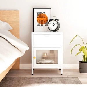 Нощно шкафче, бяло, 40x30x54,5 см, стомана и стъкло