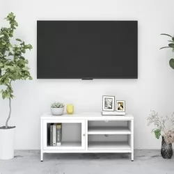 ТВ шкаф, бял, 90x30x44 см, стомана и стъкло