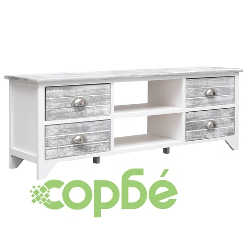 ТВ шкаф, бяло и сиво, 108x30x40 cм, дърво от пауловния масив ➤ топ цена ➤ sorbe.bg
