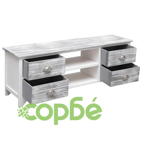 ТВ шкаф, бяло и сиво, 108x30x40 cм, дърво от пауловния масив ➤ топ цена ➤ sorbe.bg