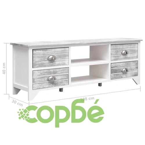 ТВ шкаф, бяло и сиво, 108x30x40 cм, дърво от пауловния масив ➤ топ цена ➤ sorbe.bg