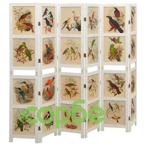 Параван за стая, 6 панела, бял, 214x165 cм, пауловния масив ➤ топ цена ➤ sorbe.bg