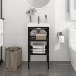 Рамка за мивка за баня, черна, 40x38x83 см, желязо