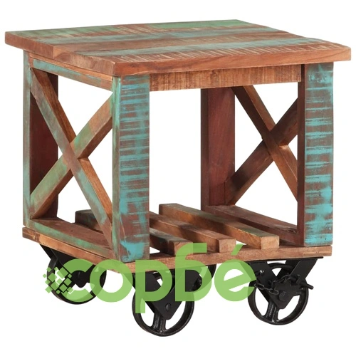 Помощна маса с колелца 40x40x42 см масивно регенерирано дърво ➤ топ цена ➤ sorbe.bg