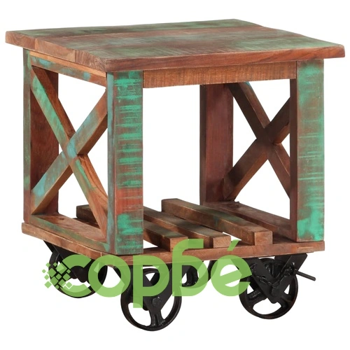 Помощна маса с колелца 40x40x42 см масивно регенерирано дърво ➤ топ цена ➤ sorbe.bg