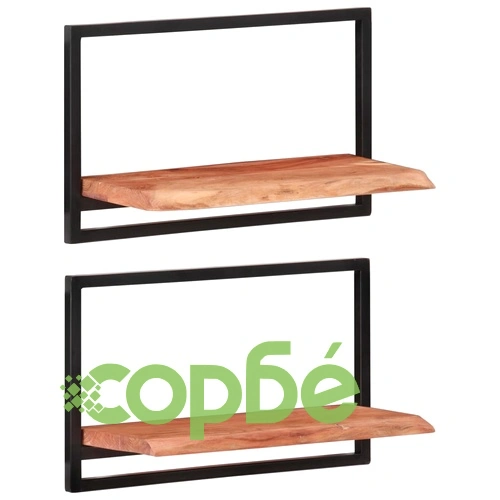 Стенни рафтове 2 бр 60x25x35 см акациево дърво масив и стомана  ➤ топ цена ➤ sorbe.bg
