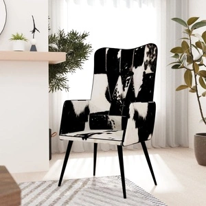 Wingback стол с косъм, черно и бяло, естествена кожа