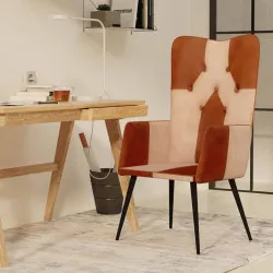 Wingback стол, кафяво и кремаво, естествена кожа
